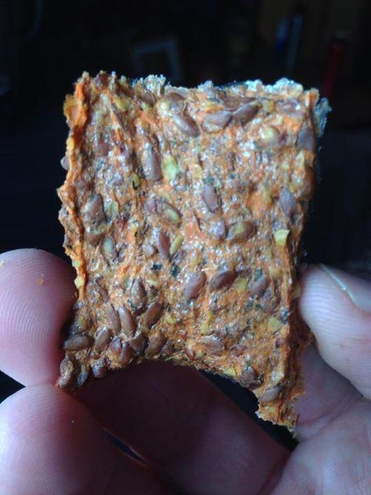 Flax, carrot cracker with some pizza herbs and a tiny bit of chili.