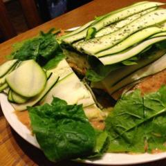 Raw vegan lasagne - made of multiple layers of zucchini stripes, fennel stripes, spinach leaves, tomato/lemon/avocado/basil creme, spinach/avocado/tomato creme - it was epic!