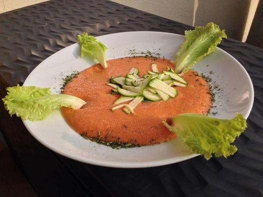 Red pepper, celery, peaches soup with pieces of zucchini. Delicious!