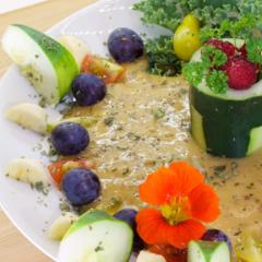 Cucumber with damson plums at kale