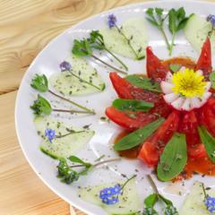Tomato lotos on banana peppers cream