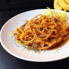 Butternut squash spaghetti with a delicious sauce of pears from the garden, some sage (also from the garden), tomatoes, celery and some coconut meat.