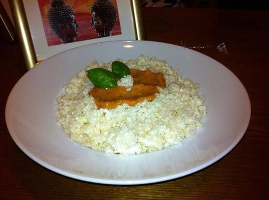 Cauliflower "rice" with a delicious tomato, avocado, basil sauce (more realistic lighting than in the last)