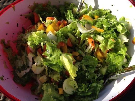 Hearty and crunchy salad - lettuce, chicory, carrots, yellow pepper, cucumber, avocado, lemon, basil and chives