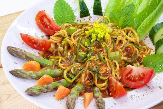 Asparagus noodles with bok choy blossoms