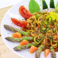 Asparagus noodles with bok choy blossoms