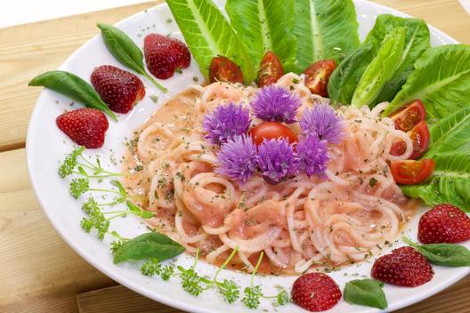 Pineapple strawberry noodles with chive blossoms
