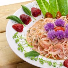 Pineapple strawberry noodles with chive blossoms