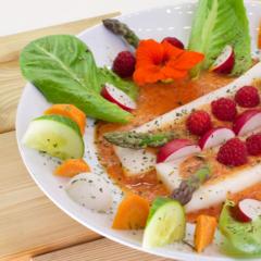 Radish asparagus ships on pineapple peach cream Radish asparagus ships on pineapple peach cream