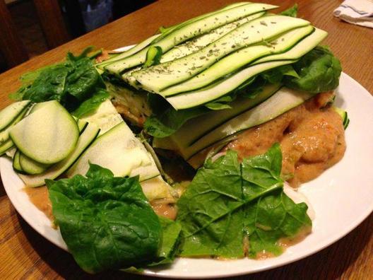 Raw vegan lasagne - made of multiple layers of zucchini stripes, fennel stripes, spinach leaves, tomato/lemon/avocado/basil creme, spinach/avocado/tomato creme - it was epic!