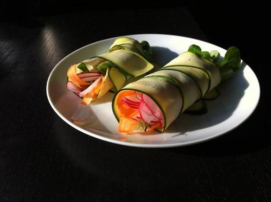 Raw zucchini, carrot, radish, corn salad and occasionally tomato spring rolls <3