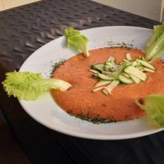 Red pepper, celery, peaches soup with pieces of zucchini. Delicious!