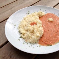 "Rice" made of cauliflower with a sauce of a stalk of celery, juice of two oranges and one lemon, three tomatoes and some greens from the cauliflower "Rice" made of cauliflower with a sauce of a stalk of celery, juice of two oranges and one lemon, three tomatoes and some greens from the cauliflower