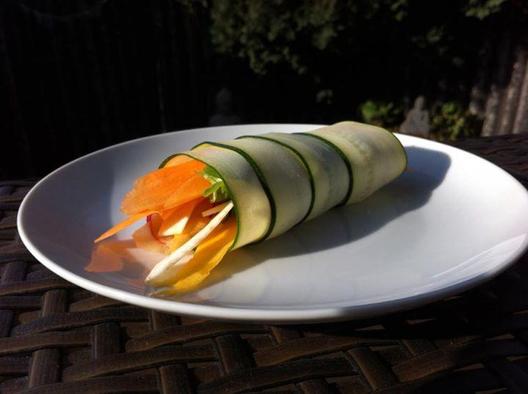 Zucchini, corn salad, radish, celeriac, carrot spring roll