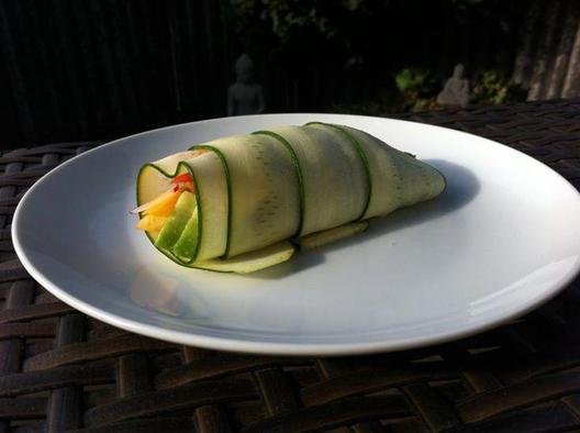 Zucchini, radish, butternut, tomato, avocado spring roll